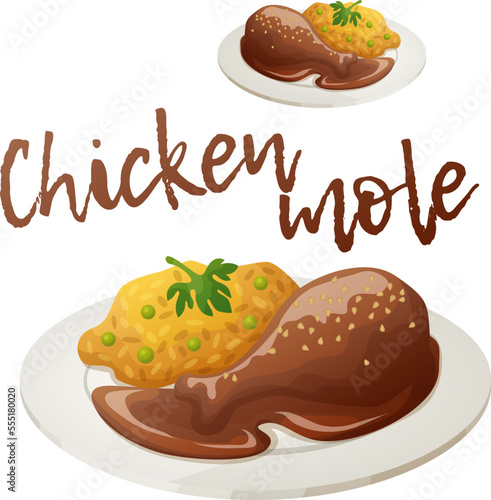 Chicken with mole sauce and yellow rice as side dish vector icon isolated on white background. Mexican food spicy dish on plate cartoon illustration