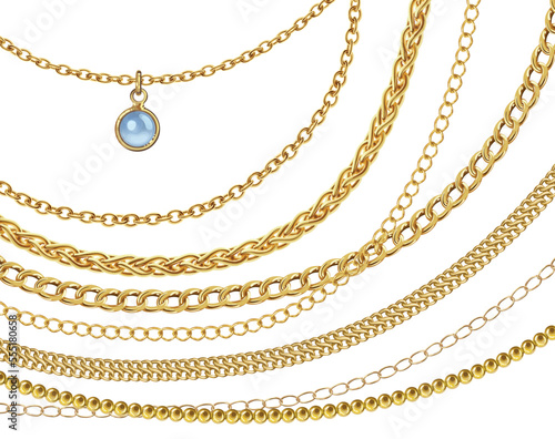 Many various golden chains criss cross each other vector illustration isolated on white background. A pendant wth white pearl and a lot of gold chains in layers jewelry design