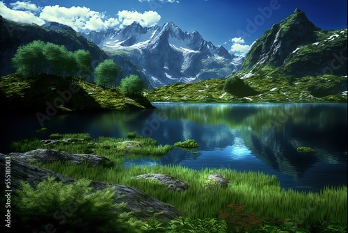 Mirror surface lake reflect scenic of mountain peak in the morning light