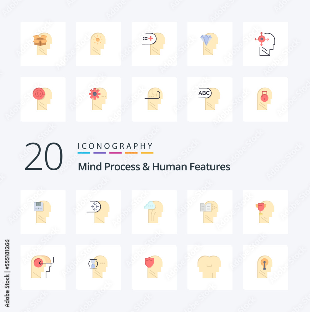 20 Mind Process And Human Features Flat Color icon Pack like mind head head book head