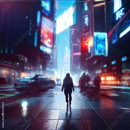 Pedestrians in a cyberpunk city