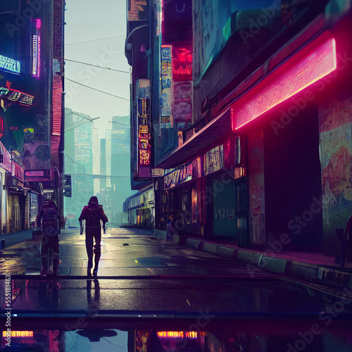 People walking in a cyberpunk city