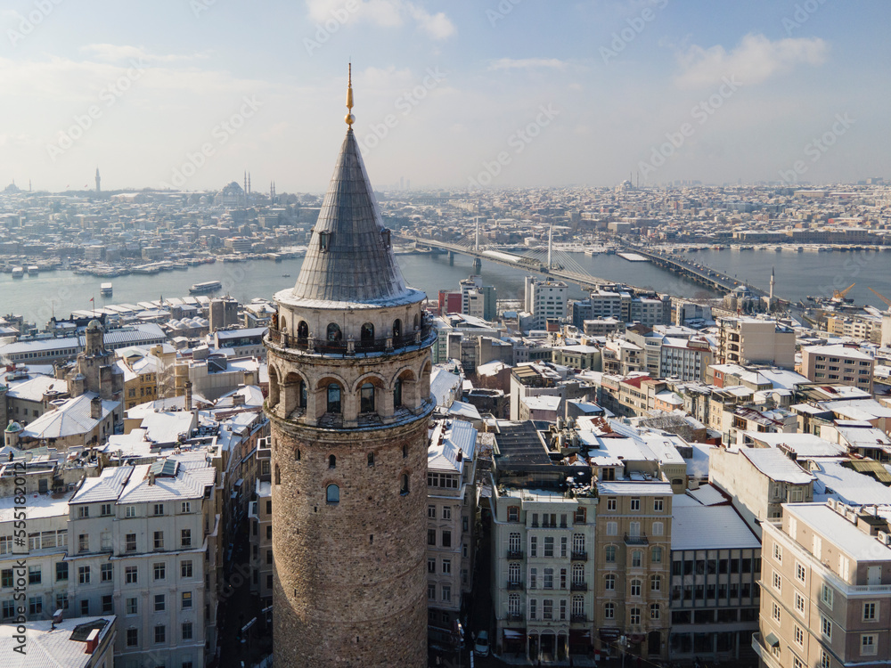 Fototapeta premium Galata Tower in the Winter Season Drone Photo, Galata Beyoglu, Istanbul Turkey