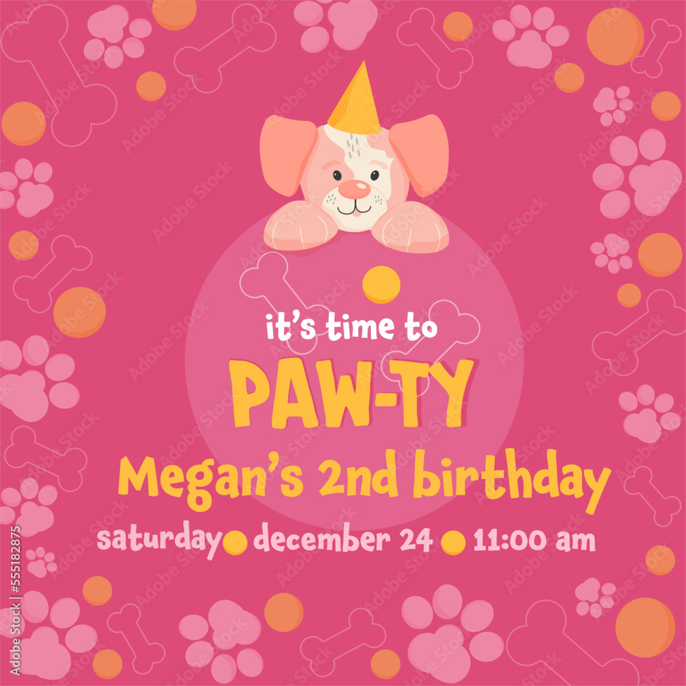 Dog birthday invitation card template. Dog party