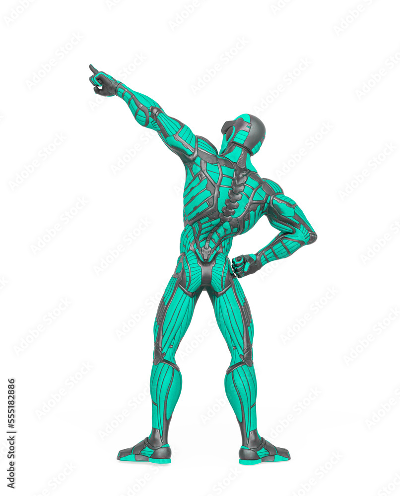 super hero is pointing up and showing the way in an exosuit rear view super hero is pointing up and showing the way in an exosuit rear view