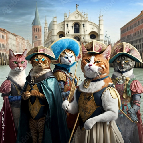 a brigade of cats wearing costumes at the venice carnival