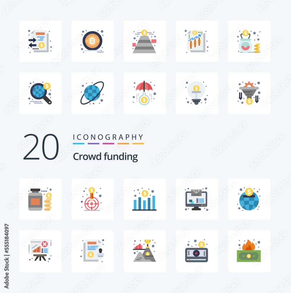 20 Crowdfunding Flat Color icon Pack like global monitor email target message revenue