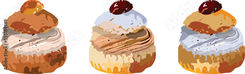 Cream puff, shu cake, a small hollow pastry typically filled with cream, hollow pastry, choux a la creme vintage illustration, scone, profiteroles with sugar decoration, cream and raisins.Holiday food