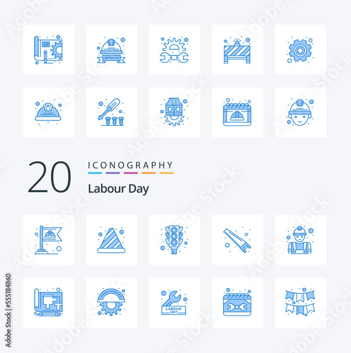 20 Labour Day Blue Color icon Pack like construction cutter light tools hand