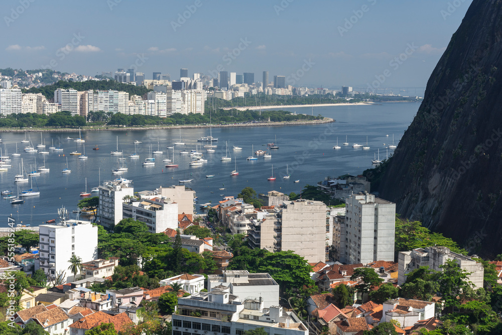 Beautiful view to boats and residential buildings in Rio de Janeiro