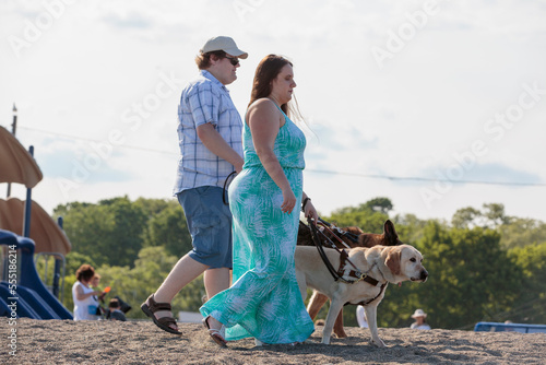 Blind couple with their service dogs walking along the beach photo