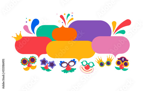 Colorful Speech Bubbles, street art, carnival concept design with funny masks, fun costumes. Colorful background with splashes, speech bubbles, masks and confetti 