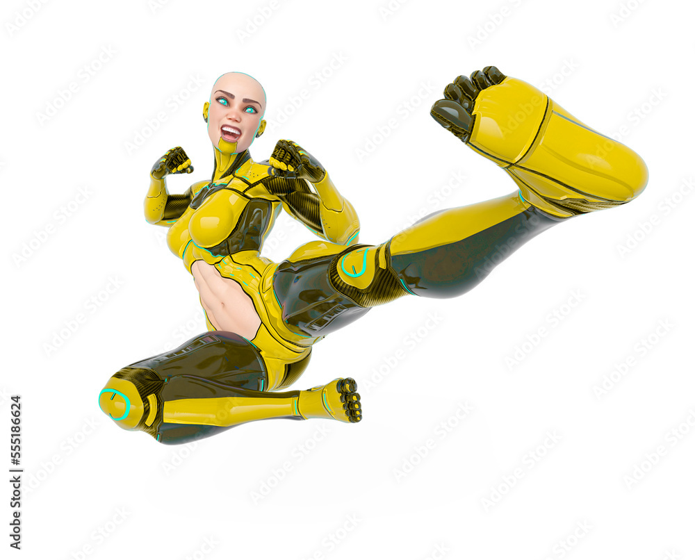 super cyborg girl is doing a jump kick super cyborg girl is doing a jump kick