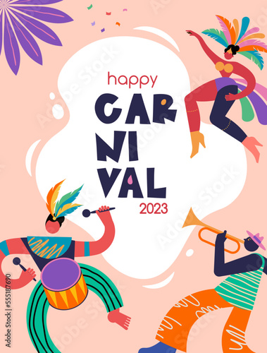 Happy Carnival  Brazil  South America Carnival with samba dancers and musicians. Festival and Circus event design with funny boneless artists  dancers  musicians and clowns. Colorful background with