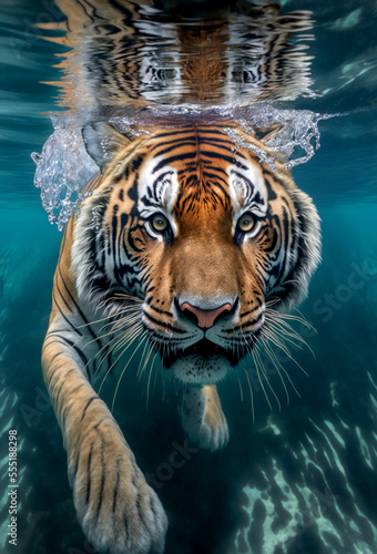Tiger Underwater 3D Illustration, Animal Swimming Underwater, Close up Tiger, Photorealistic, Generative AI