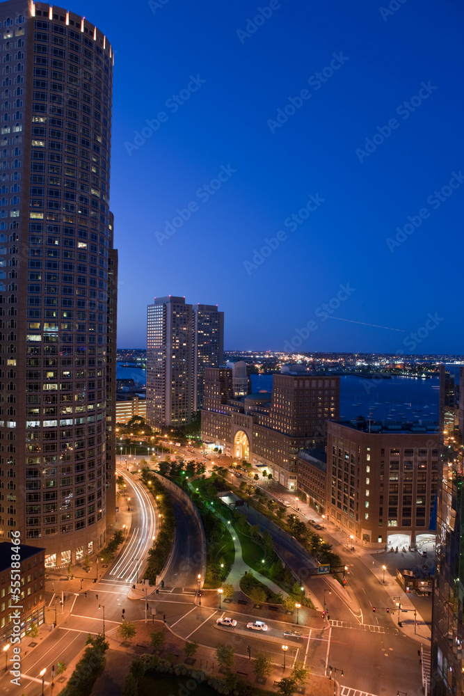 High angle view of a city at dusk, Boston, Massachusetts, USA High angle view of a city at dusk, Boston, Massachusetts, USA