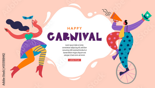 Happy Carnival, Festival and Circus event design with funny boneless artists, dancers, musicians and clowns.Street art, carnival concept design. Colorful background with splashes and confetti 