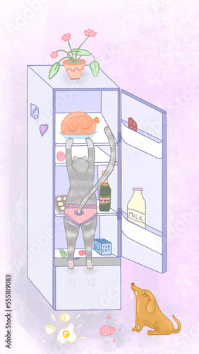 Cat cartoon character. Domestic. Funny hand drawn pets illustration. Cat in kitchen looking for food in the fridge. Concept of family, home, comfort, mess. Home furnishings in the kitchen.