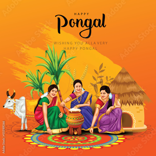 new illustration of Happy Pongal Holiday Harvest Festival of Tamil Nadu woman's making Pongal. vector background design