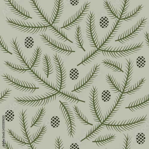 Seamless pattern with coniferous branches and cones. Evergreen twigs background.