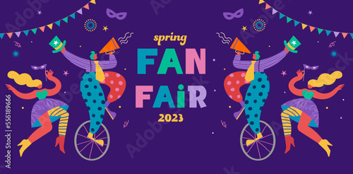 Happy Carnival, Festival and Circus event design with funny boneless artists, dancers, musicians and clowns.Street art, carnival concept design. Colorful background with splashes and confetti 