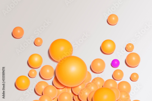 Mockup of several messy orange spheres, balls or particles, on white background, with copy space