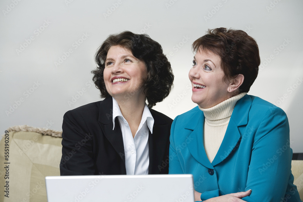 View of smiling business women sitting with a laptop. View of smiling business women sitting with a laptop.