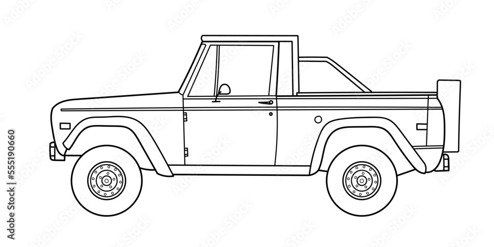 Off-road cargo travel suv car, side view. Vector outline doodle illustration