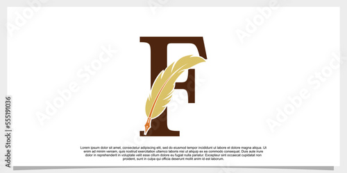 letter f feather logo design with feather pen icon concept