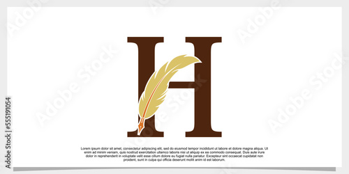 letter h feather logo design with feather pen icon concept