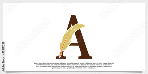 letter a feather logo design with feather pen icon concept