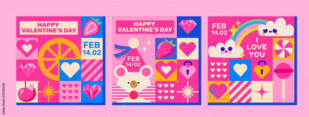 Happy Valentine's Day! Mosaic design. 3 pink very cute templates with teddy bear, love clouds and various festive elements. Perfect as a postcard, greeting, invitation for social networks and more