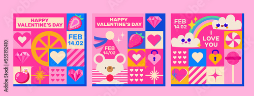 Happy Valentine's Day! Mosaic design. 3 pink very cute templates with teddy bear, love clouds and various festive elements. Perfect as a postcard, greeting, invitation for social networks and more