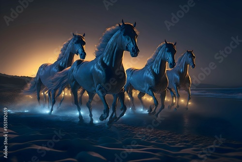 Golden Horses running along the blue night view beach