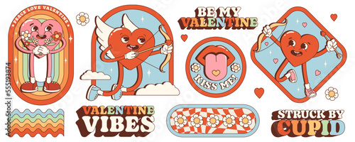 Groovy hippie love sticker set. Retro happy Valentines day. Comic happy heart character in trendy retro 60s 70s cartoon style. Retro characters and elements.	