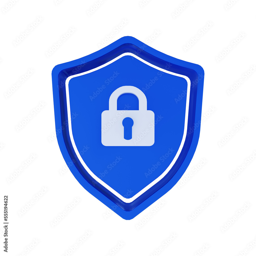 Blue shield with lock 3d rendering illustration Blue shield with lock 3d rendering illustration