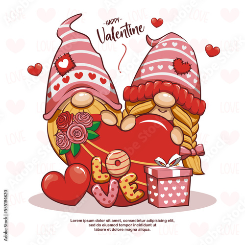 Couple Love Of Cute Gnome With Gift Box. Valentine Greeting Card Design, Cartoon Illustration