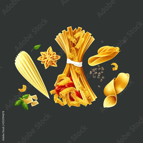 Realistic pasta types, farfalle, spaghetti and penne macaroni. Isolated on background. Cartoon flat vector illustration