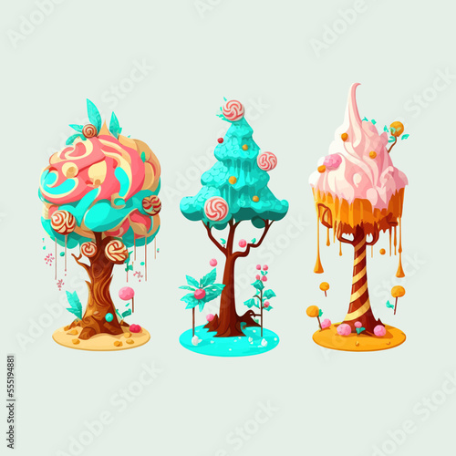 Cartoon fantasy sweet land caramel trees. Isolated on background. Cartoon flat vector illustration