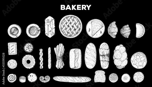 Bakery sketch set. Bakery collection. Hand drawn sketch with bread, pastry, sweet. Bakery set vector illustration. Hand drawn elements for design. Engraved food image