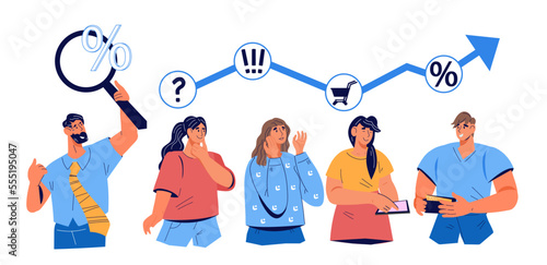 Customers behavior study, creating customer interest in the product and increasing sales. Marketing Strategy for target audience development, flat vector illustration isolated on white background.