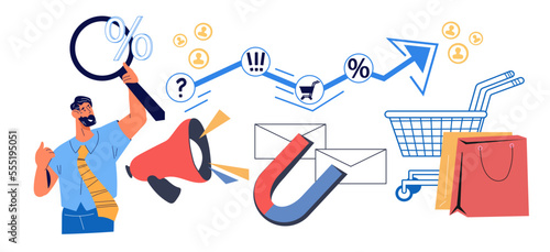 Customers behavior research for increasing customer interest in the product and sales growth. Marketing Strategy for target audience, flat vector illustration isolated on white background.