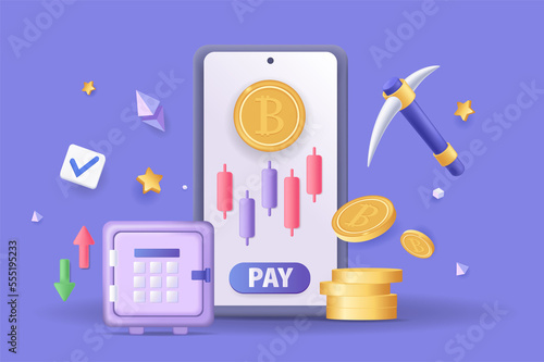 Bitcoin mining concept 3D illustration. Icon composition with cryptocurrency exchange marketplace at smartphone screen, safe for saving virtual money, coins. Illustration for modern web design