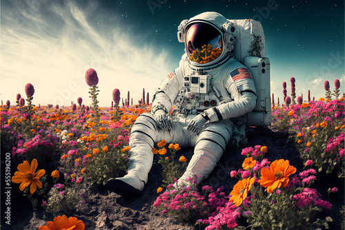 Astronaut on a Flower Planet. Generative AI