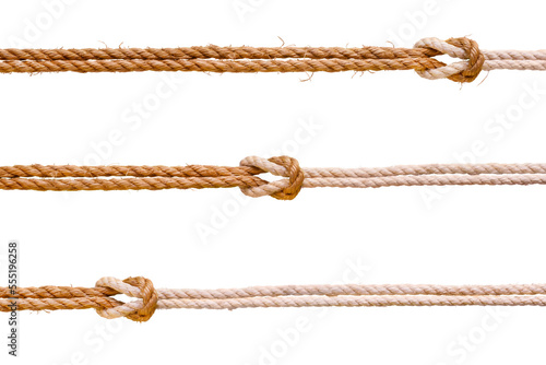 Three rough ropes with reef knot set. Png isolated with transparency