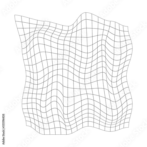 Distorted square grid. Mesh warp texture. Bented net isolated on white background. Curvatured lattice. Checkered pattern deformation