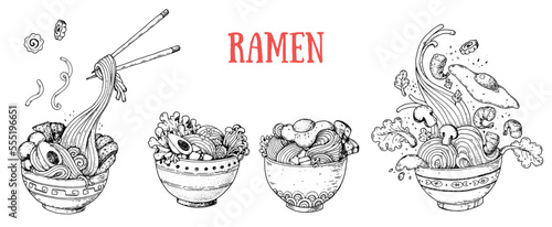 Bowl noodles and chopsticks sketch set. Noodle bowl collection. Ramen logo. Asian food. Chinese, Korean, Japanese cuisine. Logo template. Hand drawn vector illustration.