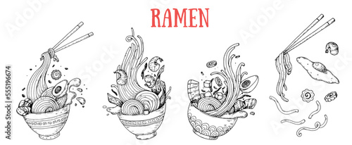 Bowl noodles and chopsticks sketch set. Noodle bowl collection. Ramen logo. Asian food. Chinese, Korean, Japanese cuisine. Logo template. Hand drawn vector illustration.