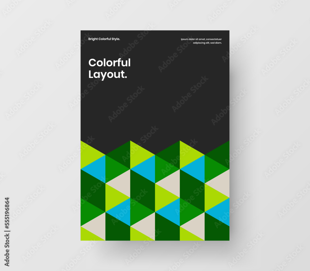 Abstract pamphlet A4 vector design concept. Colorful mosaic hexagons front page illustration.