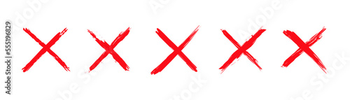Set of cross signs with grunge. Red cross X mark collection. Red cross signs are isolated on white background. Vector, 2023